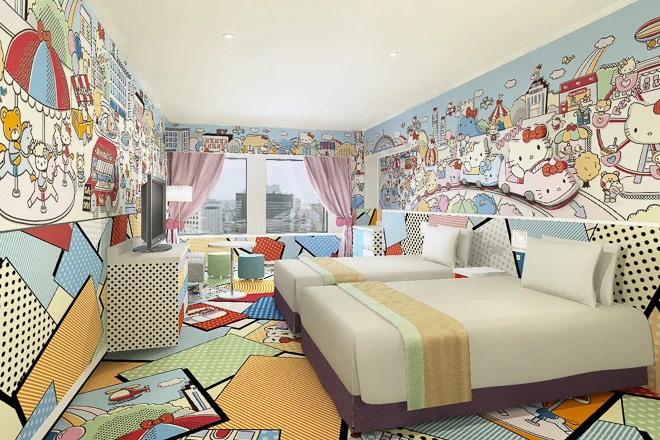 Where to stay in Tokyo with Kids- Hello Kitty Hotel pop art kitty