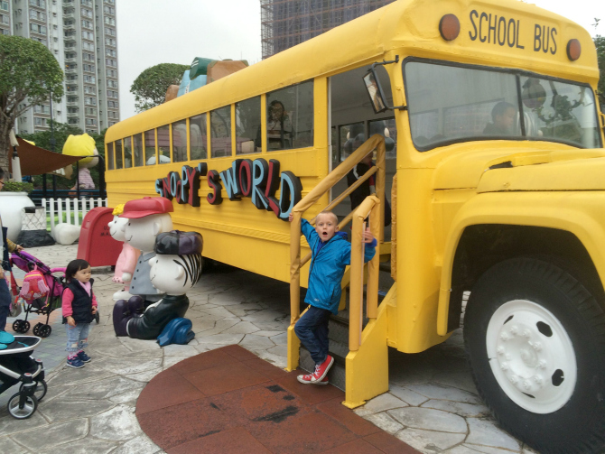 snoopy theme park bus with ned pic