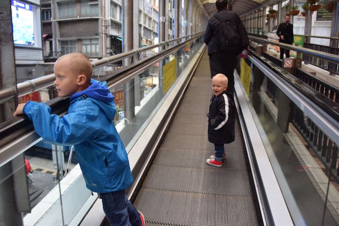 hong kong escalator street with ned and jack pic