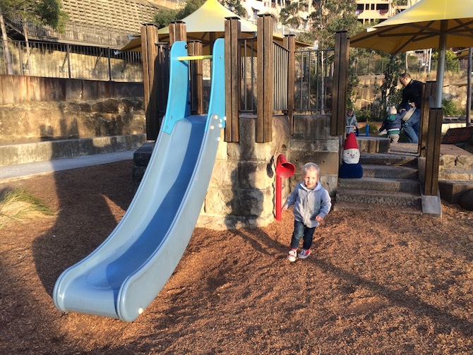 pirrama park playground with jack on slide pic