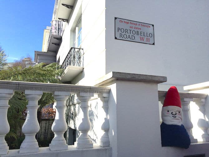 portobello market in london with roam the gnome