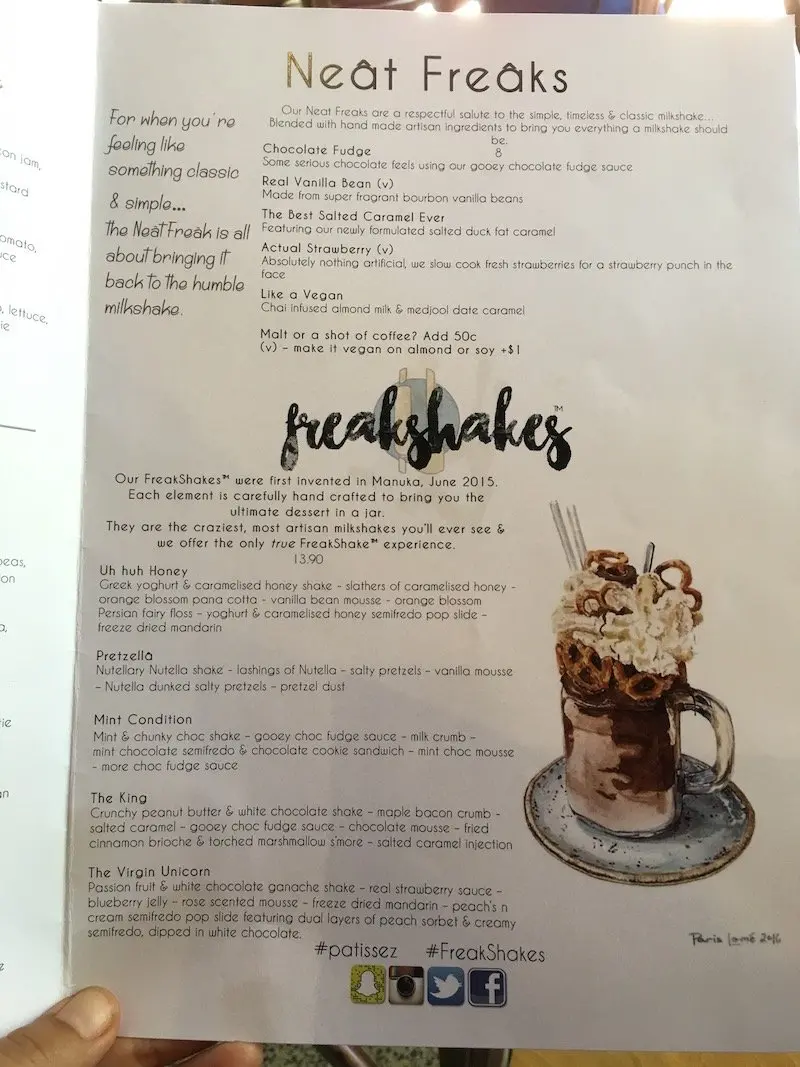 freakshakes canberra milkshakes patissez manuka menu pic