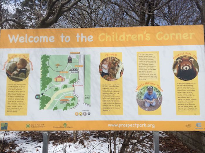 Visit ROAM THE GNOME Family Travel Website Directory for SUPER DOOPER FUN ideas for family vacations around the world. Search by city. Photo - Childrens Corner Prospect Park sign