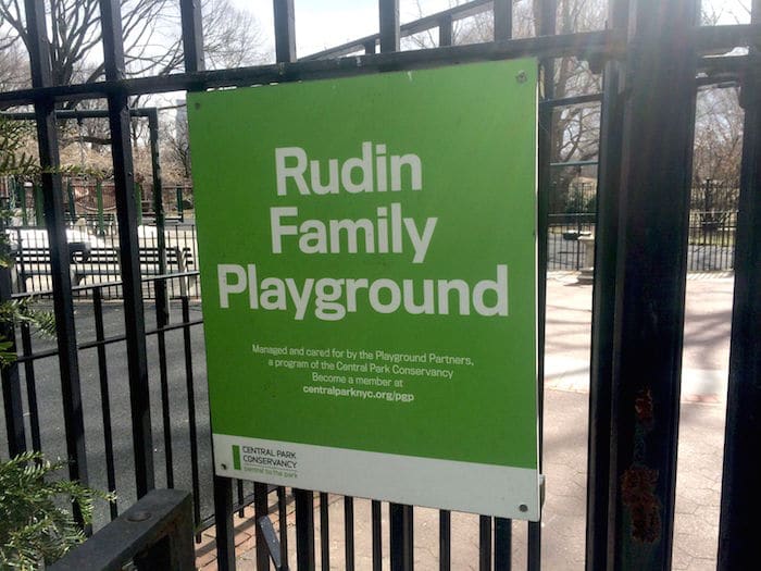 Visit ROAM THE GNOME Family Travel Website Directory for SUPER DOOPER FUN ideas for family vacations around the world. Search by city. Photo - The Rudin Family Playground Central Park sign