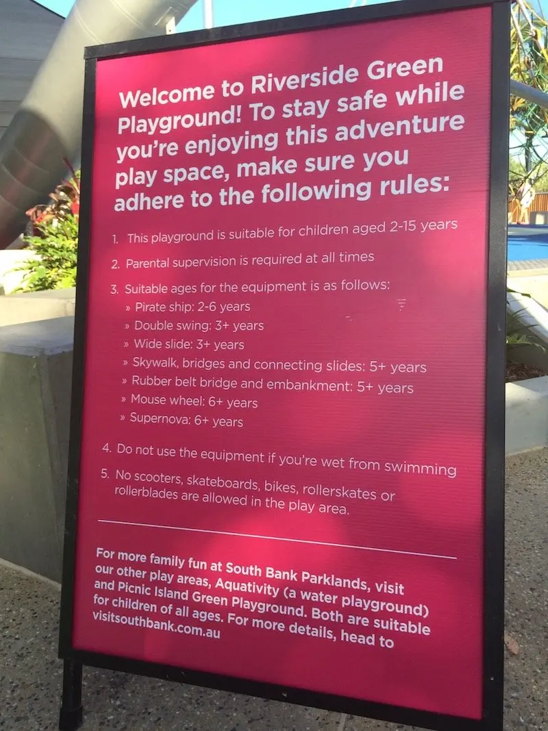 riverside green playground southbank welcome sign pic