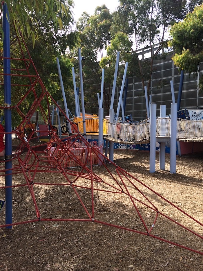 Birrarung Marr playground in Melbourne netted bridges and pyramid pic