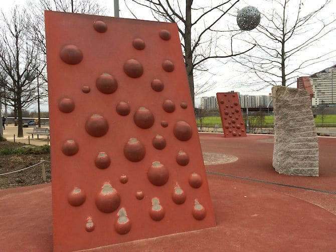 Pleasure gardens Adventure Playground Olympic Park climing walls. ROAM THE GNOME Family Travel Website.