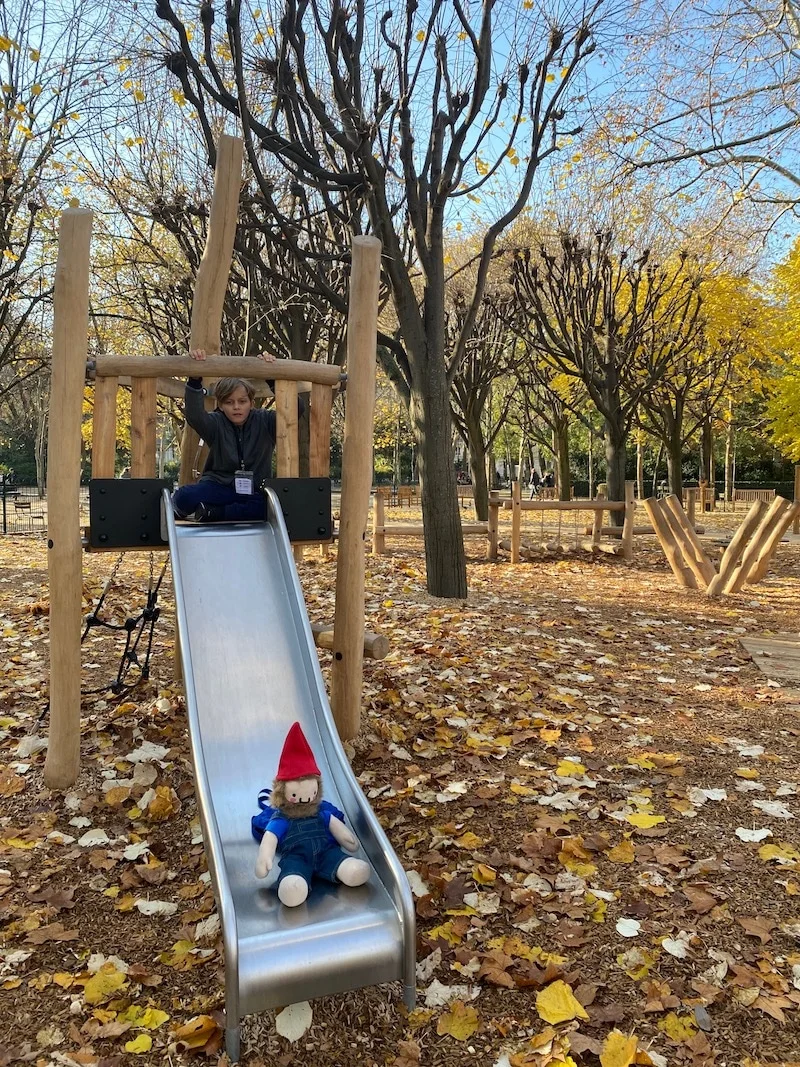 jardin du luxembourg playground slide with Ned and Roam the Gnome pic