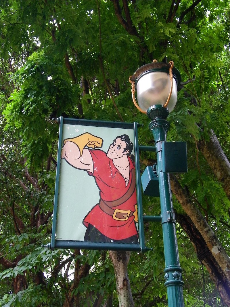 gaston character banner on the hong kong disneyland promenade pic by joel 