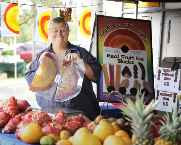 rainbow fruit flats at mullumbimby farmers market pic