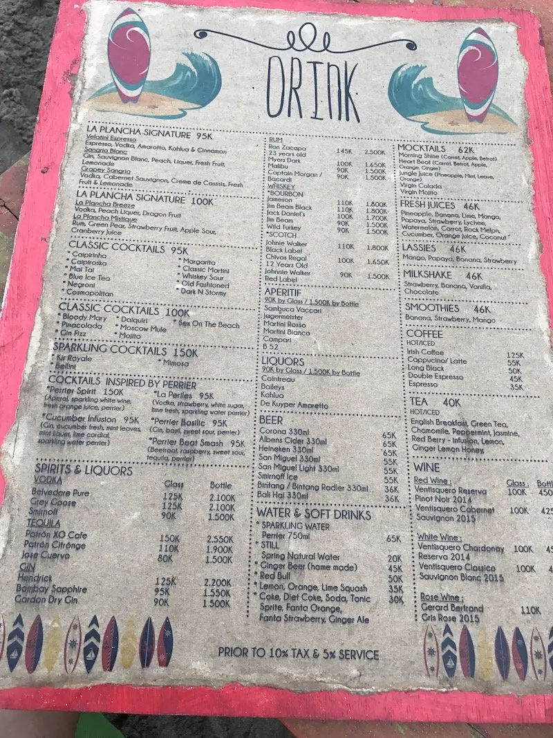 image - la plancha bali restaurant menu board drinks