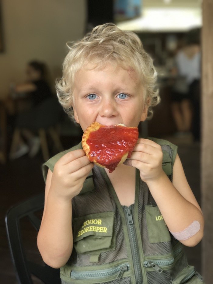 image - currumbin bird sanctuary cafe - jack eating pie with sauce