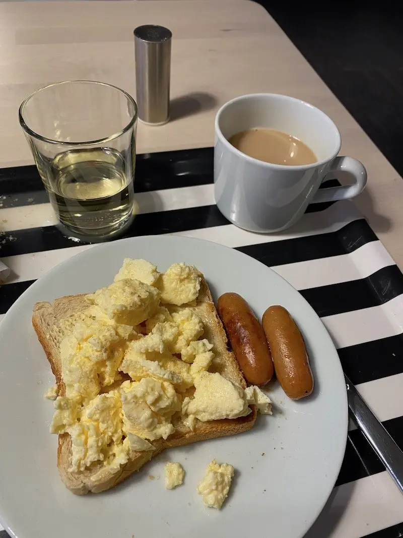 image - ikea hotel breakfast eggs on toast sausages and bacon