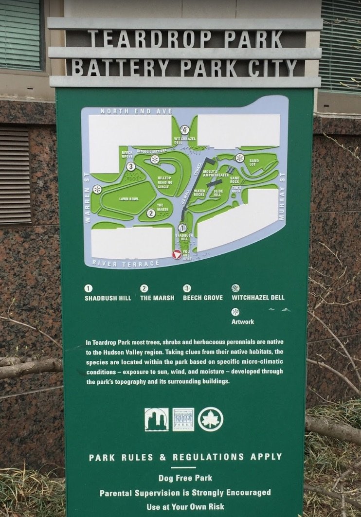 image - teardrop park battery park city sign by augie arocena gm