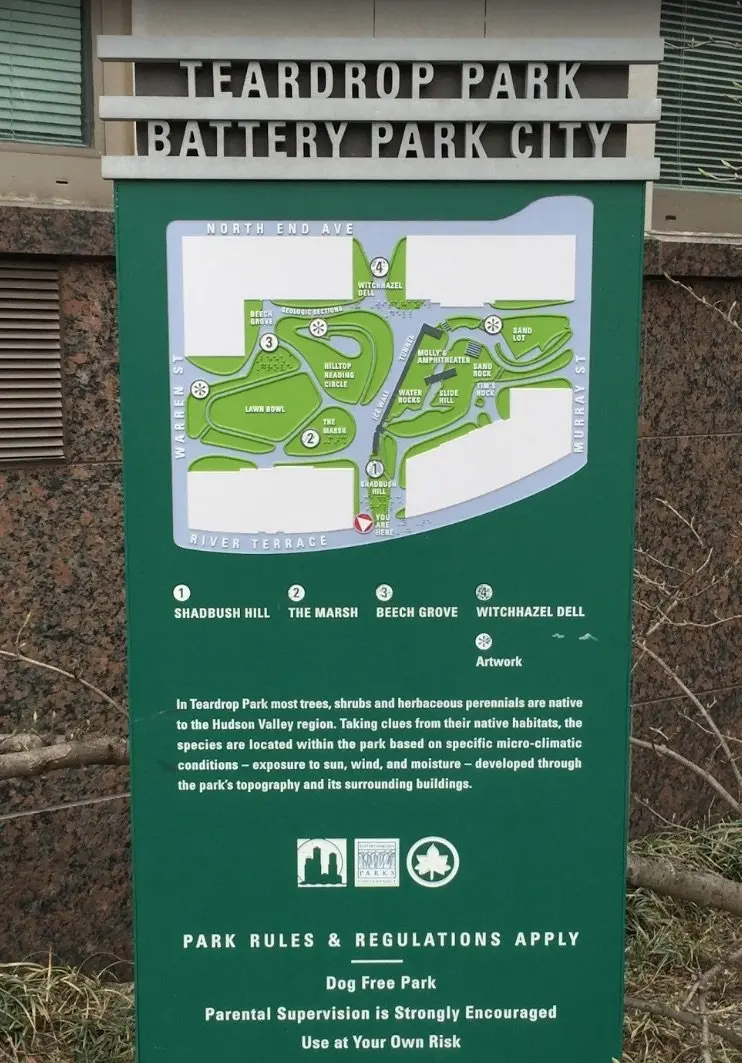 image - teardrop park battery park city sign by augie arocena gm