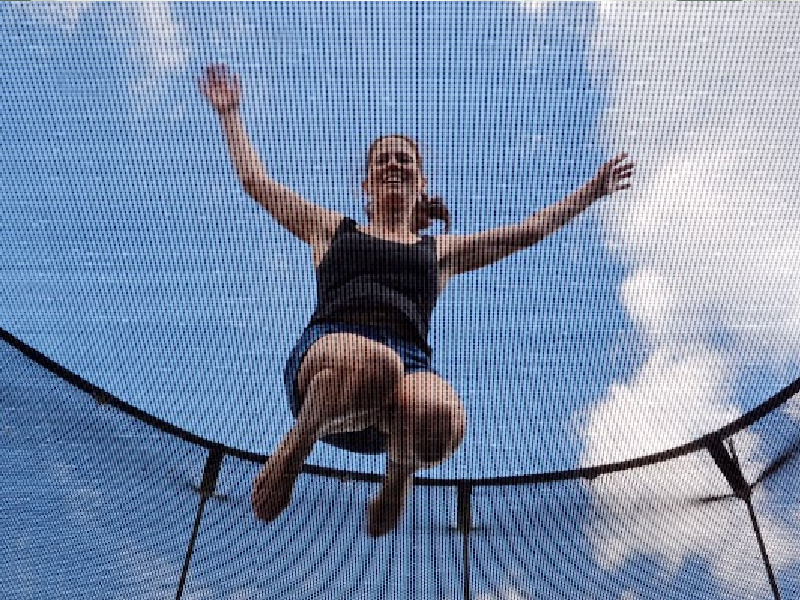image - adult woman jumping on a trampoline inside the enclosure 